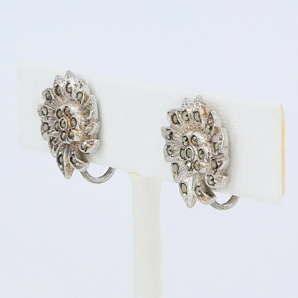 Vintage Sterling‎ Bead Set Marcasite Flower Screw Back Figural Earrings 1940s